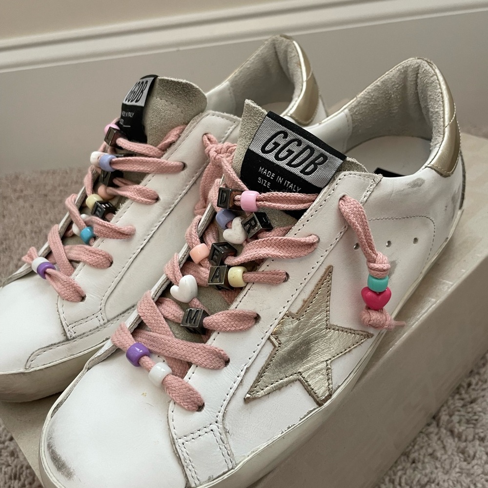 NEW Never Worn Golden Goose White Leather Beaded Sneakers Rose Gold Star Sz 38